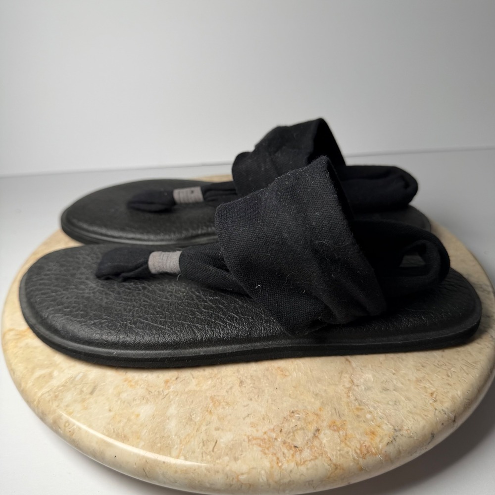 Sanuk Yoga Sling 2 Sandals 7 Black Textile Stretch Strap Yoga Mat Footbed